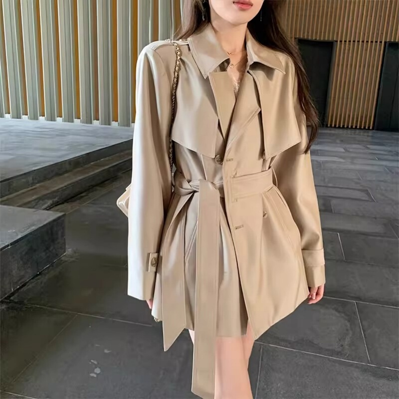 High-End Khaki Short Trench Coat for Women 2026 New Spring Style Petite British Style Double-Breasted Waist-Cinching