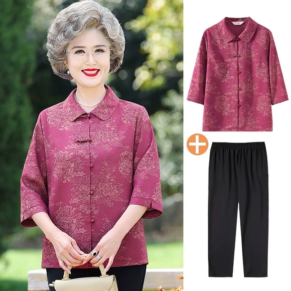 Grandma's Summer Shirt for 60-70 Year Old Mothers, Satin Three-Quarter Sleeve Top, Elderly Women's Summer Shirt, Birthday Gift