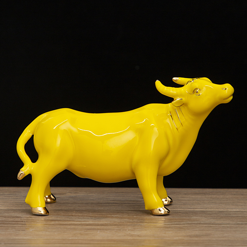 Yellow Ceramic Cow Figurine Red Fortune-Attracting Buffalo Twelve Zodiac Ox Porcelain Living Room Feng Shui Auspicious Ornament