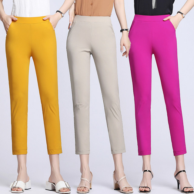 2023 Spring and Summer Stretch Ice Silk Foot Pants Women's Drapey High Waist Casual Pants Eight-Point Pants Women's Slim Color Pencil Pants Thin