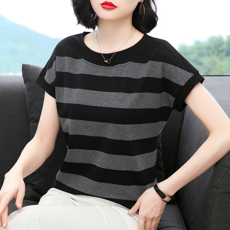 Pure Cotton Short-Sleeved T-Shirt for Women, Loose Summer Wear, New Style for Middle-Aged and Elderly Mothers, Large Size Casual Half-Sleeved Shirt, Striped Top