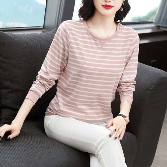 Pure cotton long-sleeved T-shirt for women 2024 spring and autumn new hot style large size striped top middle-aged and elderly mother's bottoming shirt