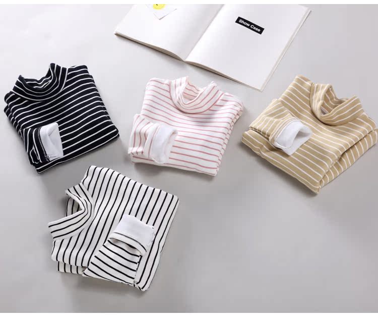 Cộng với áo nhung trẻ em nửa cổ cao chạm đáy áo cotton bé trai và bé gái sọc quần áo mùa thu và áo khoác dày áo thun dài tay áo thun cho bé gái 2 tuổi