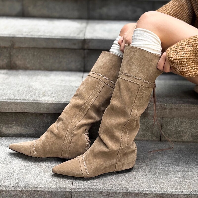 2026 Spring/Summer Melard Lace-Up Foldable Two-Way Flat Pointed Toe Long Boots Retro Height-Increasing Pleated Stacked Boots