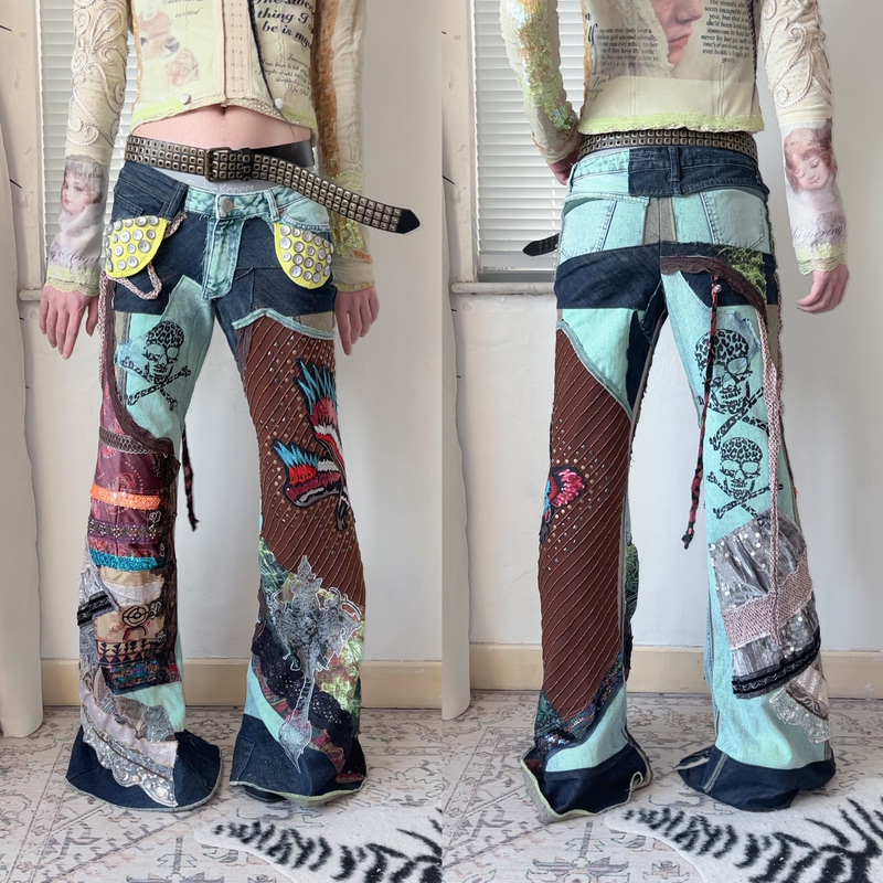 Cyber Store Remake Trashy Grunge Style Hippie Collage Flared Pants Cyber Store Remake Trashy Grunge Style Hippie Collage Flared Pants