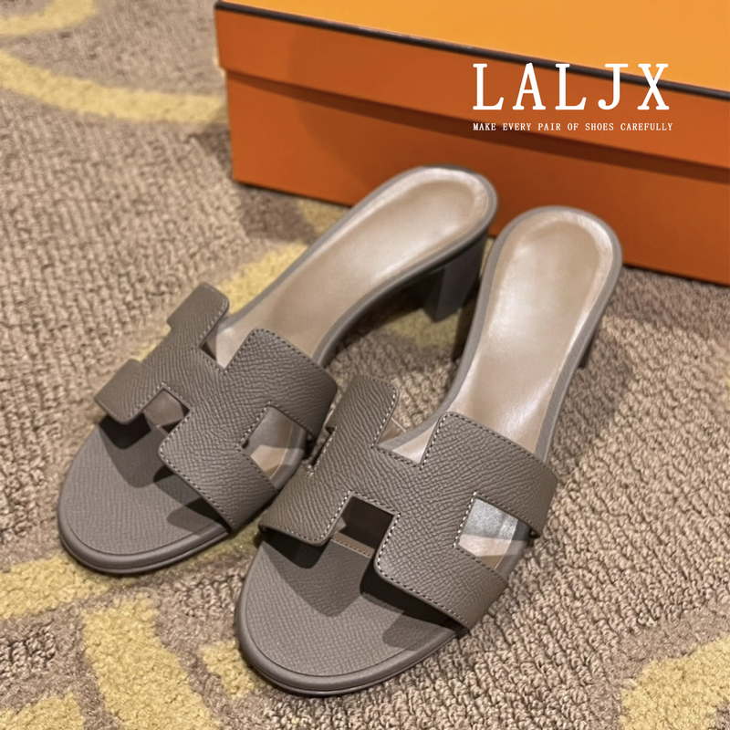 Coke/2026 New Elephant Gray Square-Toe Genuine Leather Chunky Heel Slippers for Women, Summer Outdoor Fashion Slip-On Sandals