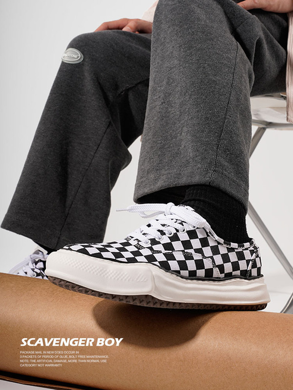 Canvas Shoes Black and White Checkerboard Pattern Dissolving Shoes Issey Miyake Popular Low-Top Sneakers Casual Couple Trendy Shoes Thick Sole