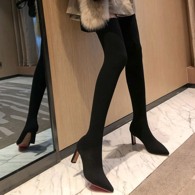 Autumn Winter Stretch Slim Leg Long Cylinder Boot High Drum High Heel Over Knee Boots Pointed Knitted Socks Long Boots Slim Boot Slim Boots