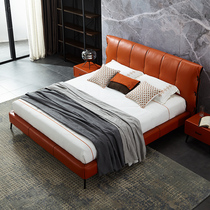 First layer leather bed solid wood soft bed light luxury wedding bed double bed Italian minimalist bedroom furniture master bed Queen bed