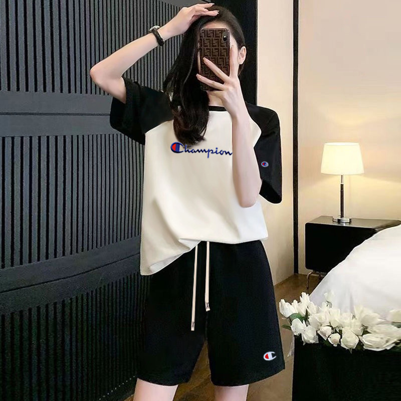 Japanese Version Champion Summer New Pure Cotton Embroidered Patchwork T-Shirt Set Casual Sports Student Shorts Two-Piece Set Trendy Japanese Version Champion Summer New Pure Cotton Embroidered Patchwork T-Shirt Set Casual Sports Student Shorts Two-Piece Set Trendy