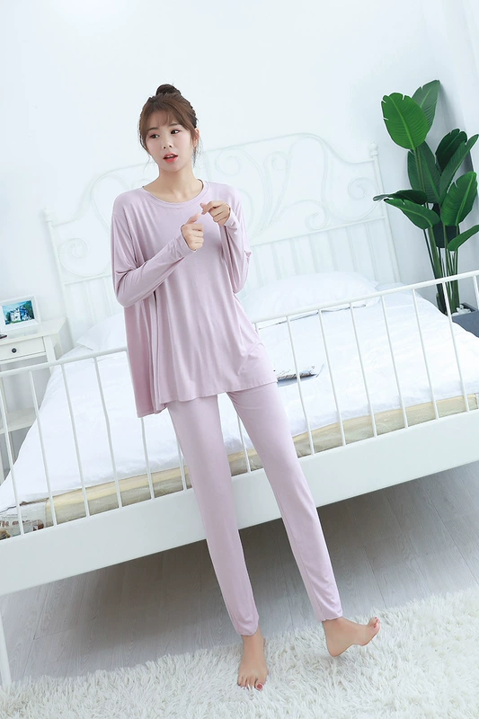 Phiên bản Hàn Quốc của bộ đồ ngủ dài tay cotton modal kích thước lớn hai mảnh phù hợp với phụ nữ mang thai phòng dịch vụ tại nhà mùa xuân và mùa thu mùa hè phần mỏng - Cặp đôi