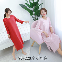 Over - size weight mm 200 pounds of cross - fork Model long sleeping dress in spring and autumn long knee pajamas