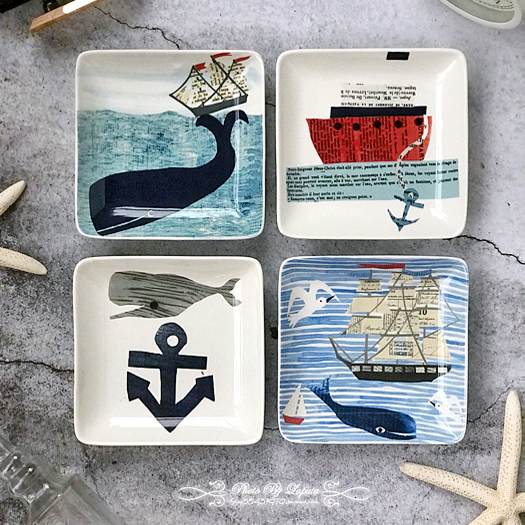 Whales and Sailing Ships Foreign Trade Mediterranean Style Ceramic Underglaze Color Square 5.5' Dinner Plate Dessert Plate