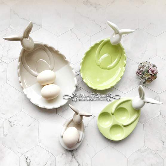 Happy Rabbit Foreign Trade Hand-Painted Ceramic Easter Bunny Egg Tray, Snack Plate, Egg Holder, Jewelry Tray, Accessory Dish.