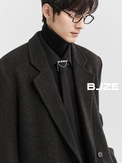 BJZE男装24冬季超长款牦牛毛双面羊毛呢大衣过膝羽绒内胆保暖外套