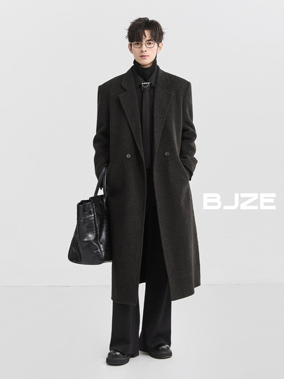 BJZE男装24冬季超长款牦牛毛双面羊毛呢大衣过膝羽绒内胆保暖外套
