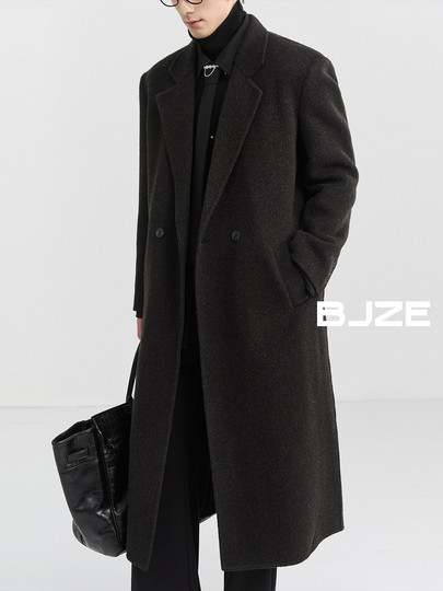 BJZE男装24冬季超长款牦牛毛双面羊毛呢大衣过膝羽绒内胆保暖外套