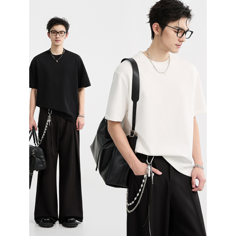 【清涼感】輸入ピマコットンモダールアールドロウ夏無地ボトムス半袖3本針メンズTシャツ