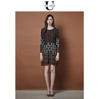 Uenshadi/Winshadi autumn new brand women's retro coffee color mid-length round neck dress
