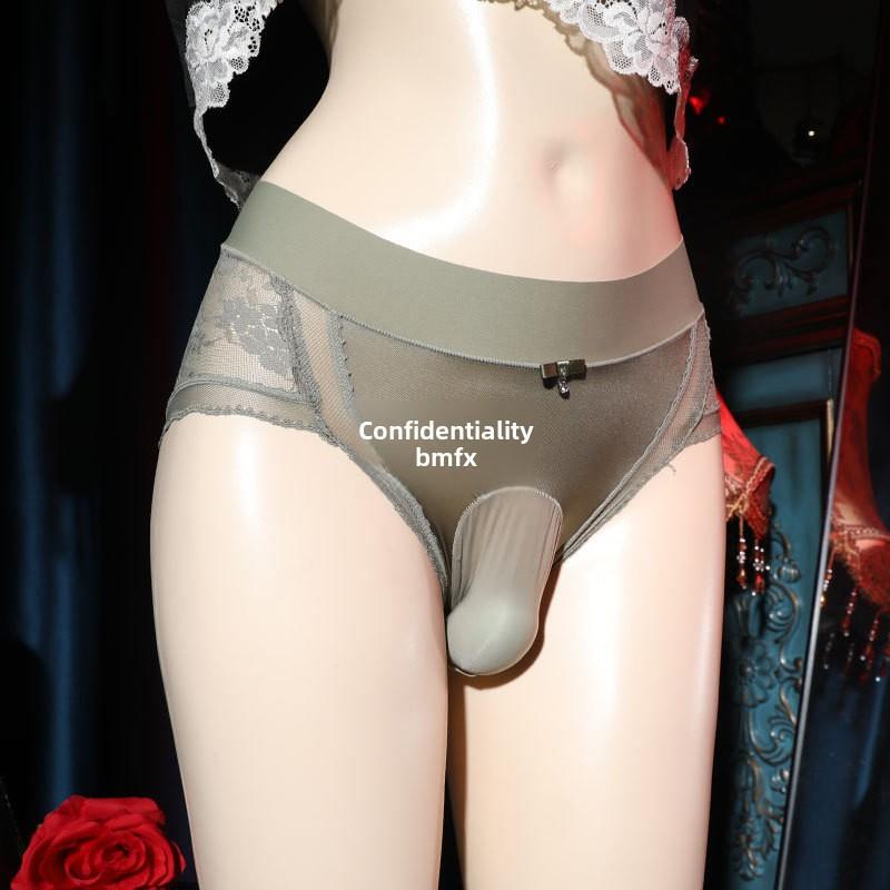 Jj Set of Silky Breathable U-Convex Large Pouch Separate Lace Jacquard Panties for Men, Cross-Dressing Sexy Mid-Waist Stockings