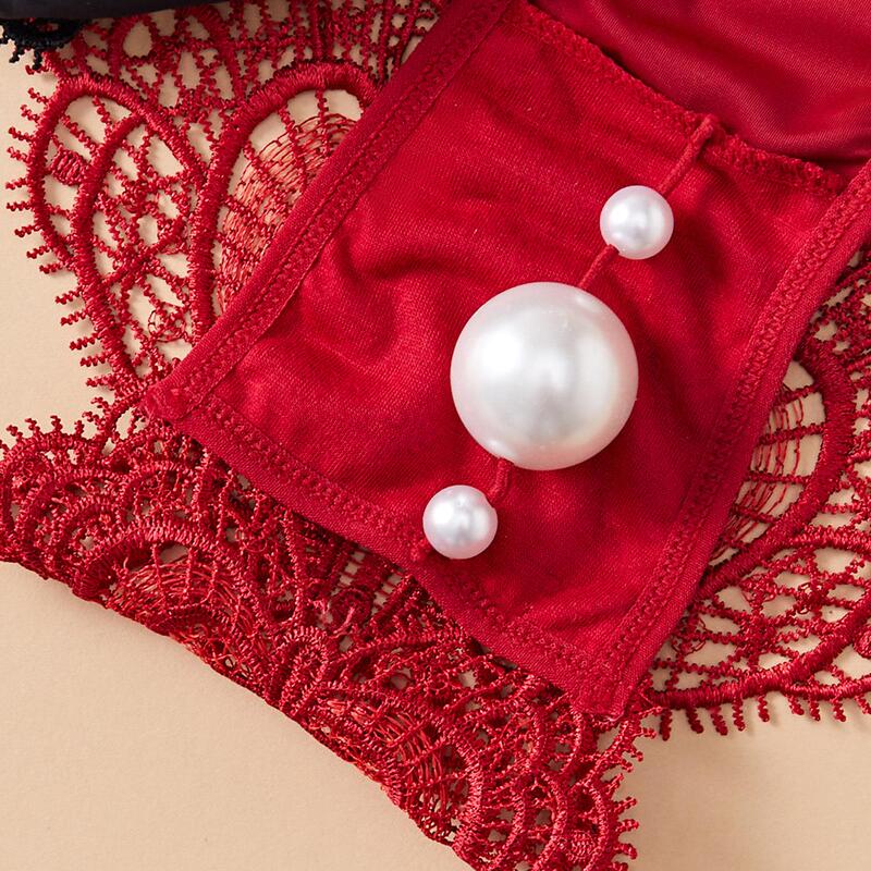 Curly Pearl Women's Sexy Pearl Underwear Hidden Bow Tie Pearl Underwear Daily Wear T-Back Lace Sexy