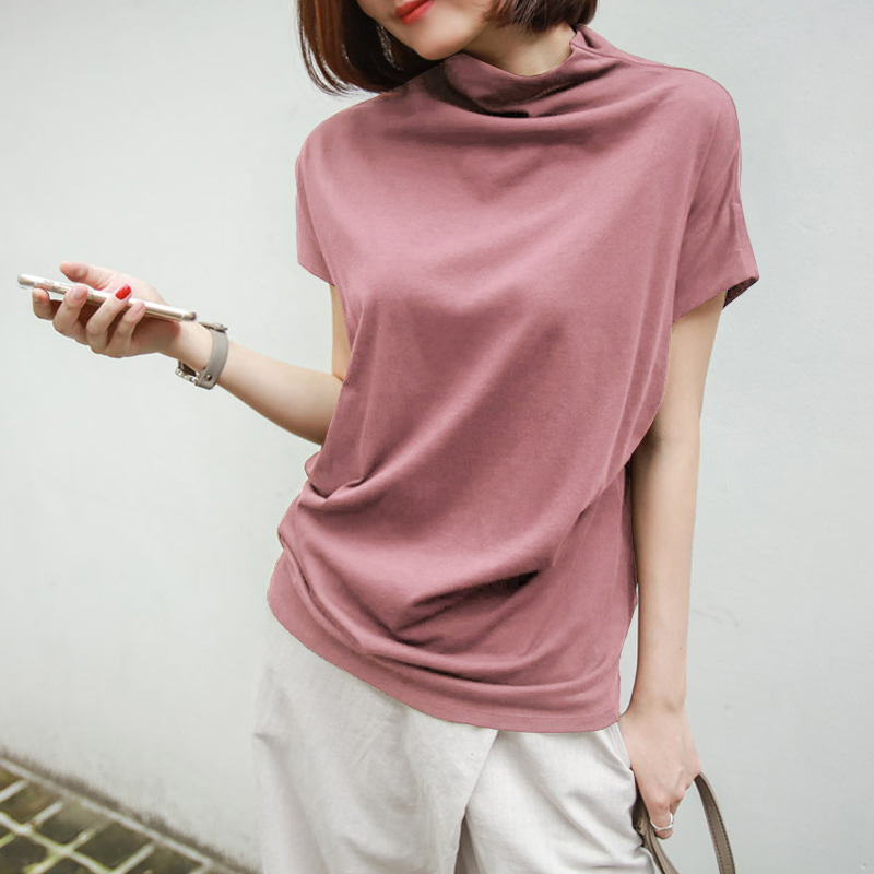 Mùa hè mới phiên bản Hàn Quốc của áo thun cotton cổ cao nửa tay ngắn tay áo thun nữ rộng kích thước lớn màu nửa tay áo sơ mi chạm đáy áo thủy triều mẫu áo thun nữ đẹp 2020
