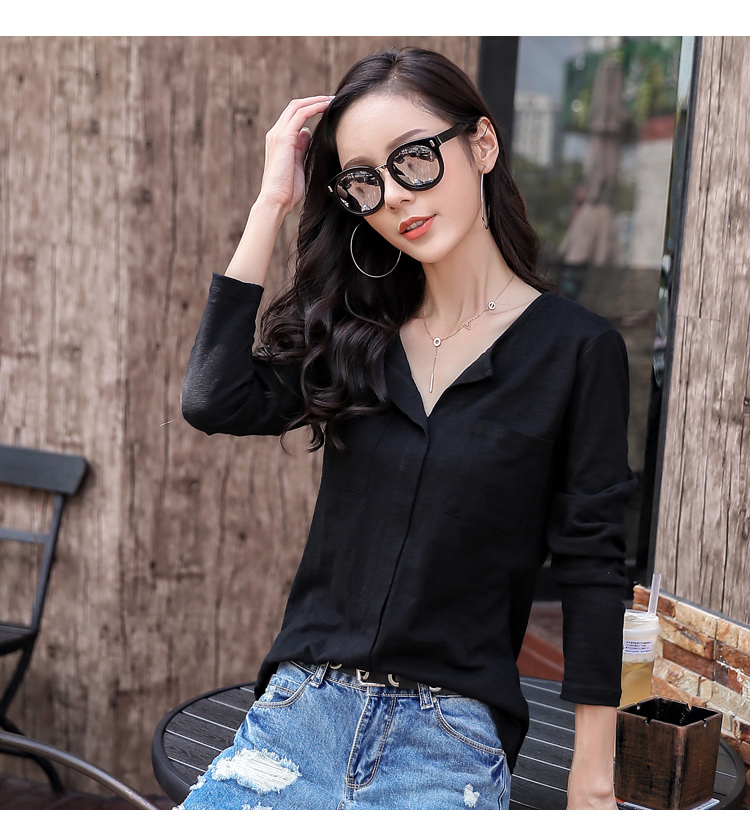 Mùa thu 2018 phiên bản Hàn Quốc mới của áo thun dài tay tre nữ rộng rãi có kích thước lớn màu rắn chạm đáy áo cotton cổ chữ V áo phông đẹp nữ