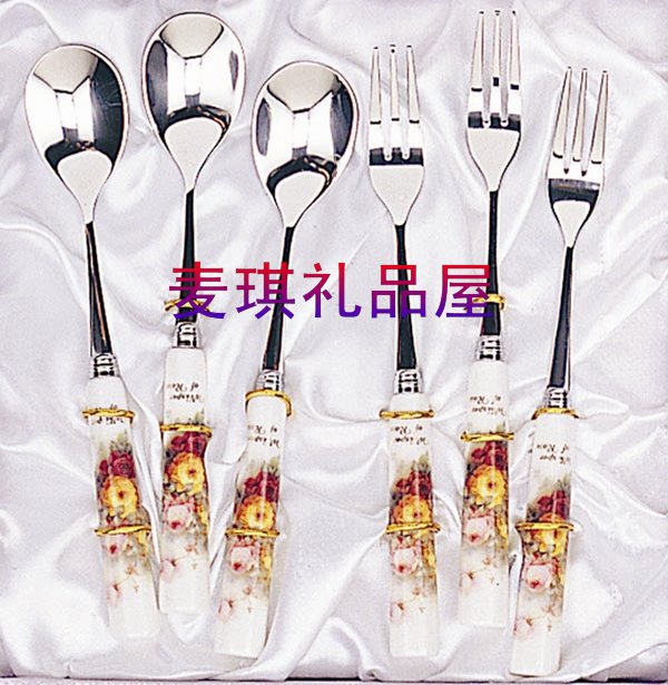 South Korea Imported Kitchen Cutlery CUTLERY TPMATE ITALIAN ROSE CERAMIC STAINLESS STEEL COFFEE SPOON FRUIT FORK 6P