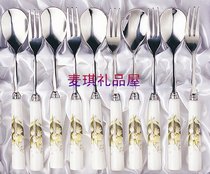 韩国进口餐具 TOPMATE 铃兰陶瓷柄不锈钢咖啡勺甜品勺水果叉10P