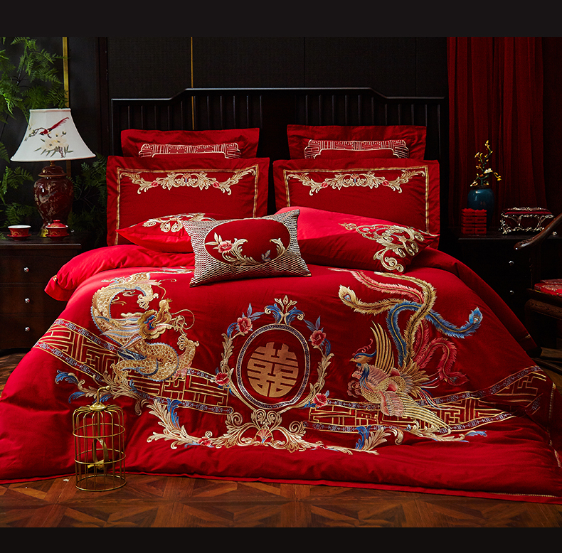 Đám cưới bốn mảnh giường cưới Trung Quốc bông lớn màu đỏ bông quilt chăn thêu đám cưới - Bộ đồ giường bốn mảnh chăn đệm
