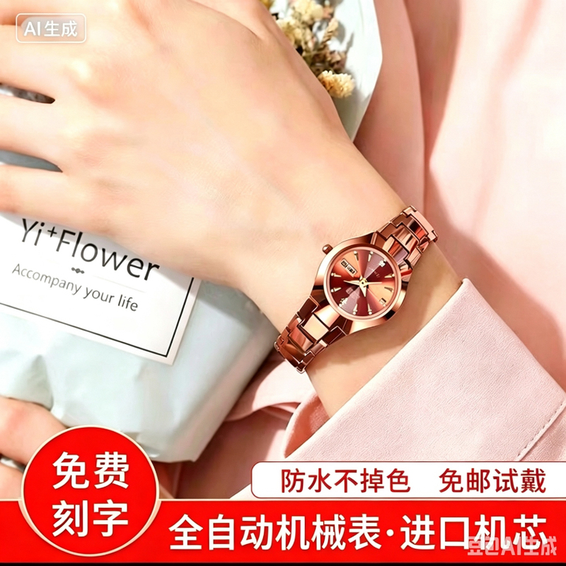 New Fashionable Tungsten Steel Women's Watch with Luminous Automatic Mechanical Movement, Waterproof, Ultra-Thin, and Rhinestone-Encrusted Women's Watch