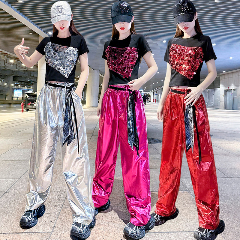 Sparkling Girl Group Dance Performance Outfit, Jazz Dance Fashion Sequin Top, Reflective Wide-Leg Pants, Hip-Hop Performance Set