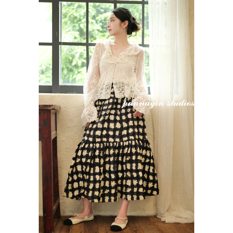 Pannayin French Hepburn Style American Imported Fabric Pleated Printed Umbrella Skirt Half Skirt