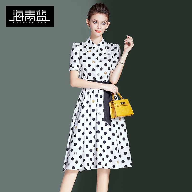 Aquamarine blue temperament white polka dot dress summer 2022 new short sleeves small fresh waist thin shirt skirt woman