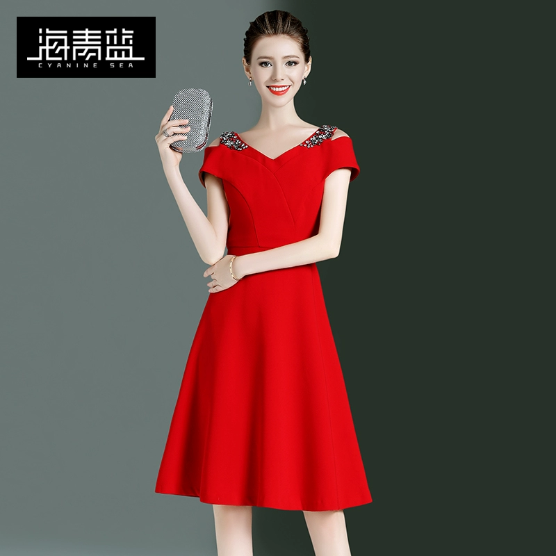 Haiqing màu xanh thời trang váy quây chữ a mùa xuân và mùa hè mới cổ chữ V thon gọn màu đỏ với kim cương - A-Line Váy