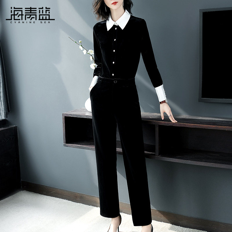 sea blue spring suit female 2021 new doll collar long-sleeved temperament casual velvet two-piece set 60594