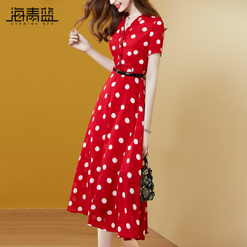 Sea Green Blue Red Wave Dot Temperament Ocean Dress Summer 2022 New Women's Dress Foreign Palate Cashiers Slim a dress