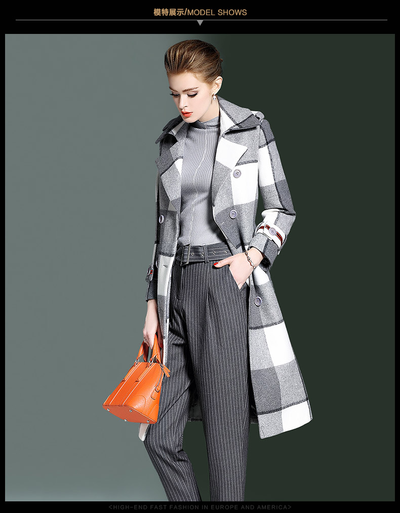 Haiqing màu xanh 2017 mùa thu và mùa đông của phụ nữ new len khí eo kẻ sọc dài len coat jacket 3614 áo dạ lông cừu nữ