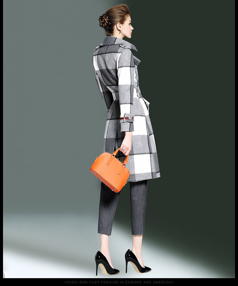 Haiqing màu xanh 2017 mùa thu và mùa đông của phụ nữ new len khí eo kẻ sọc dài len coat jacket 3614 áo dạ lông cừu nữ