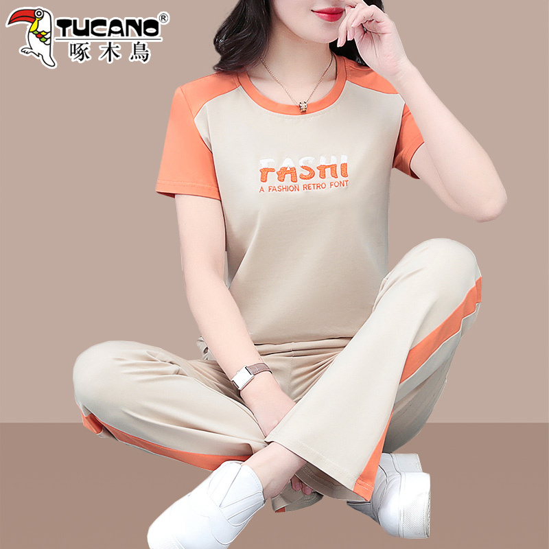 Woodpecker Pure Cotton Short-Sleeved Sports Suit for Women, Summer 2026 New Thin Style, Petite Casual Wear Two-Piece Set Woodpecker Pure Cotton Short-Sleeved Sports Suit for Women, Summer 2026 New Thin Style, Petite Casual Wear Two-Piece Set