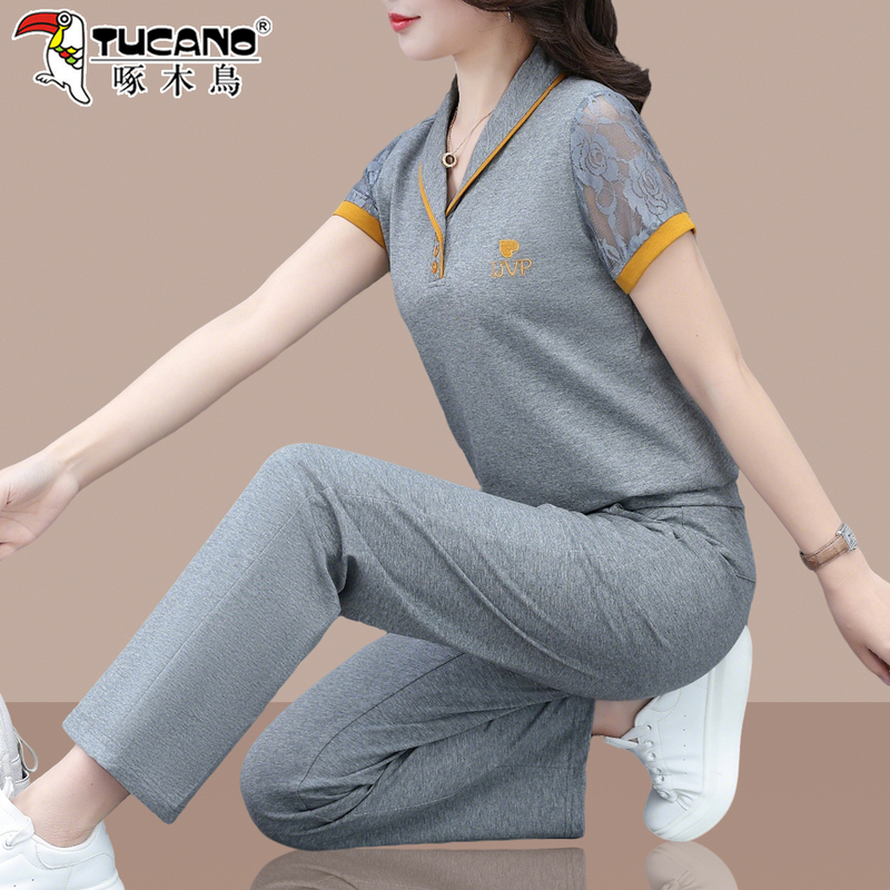 Woodpecker Gray Sports Suit for Women Summer 2026 New Mom Fashion Lace Short Sleeve Casual Wear Two-Piece Set