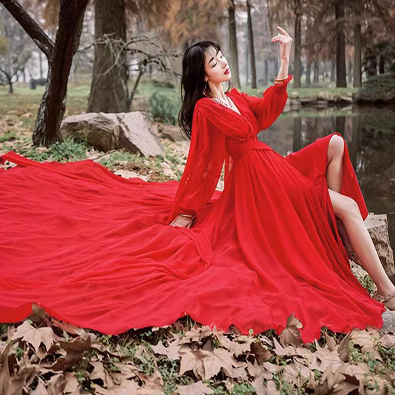Fairy-Like Style Sanya Qinghai Lake Travel Photography Silk Mulberry Silk Dress Extra-Long Backless Long Train Dress