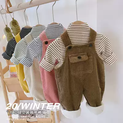 Children's solid color plus velvet baby bag pants 2020 winter corduroy overalls men's and women's loose casual pants