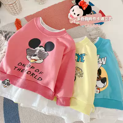 Children's Korean thick cotton T2021 spring new products for men and women, children, foreign School, cartoon fake two-piece pullover top CY078