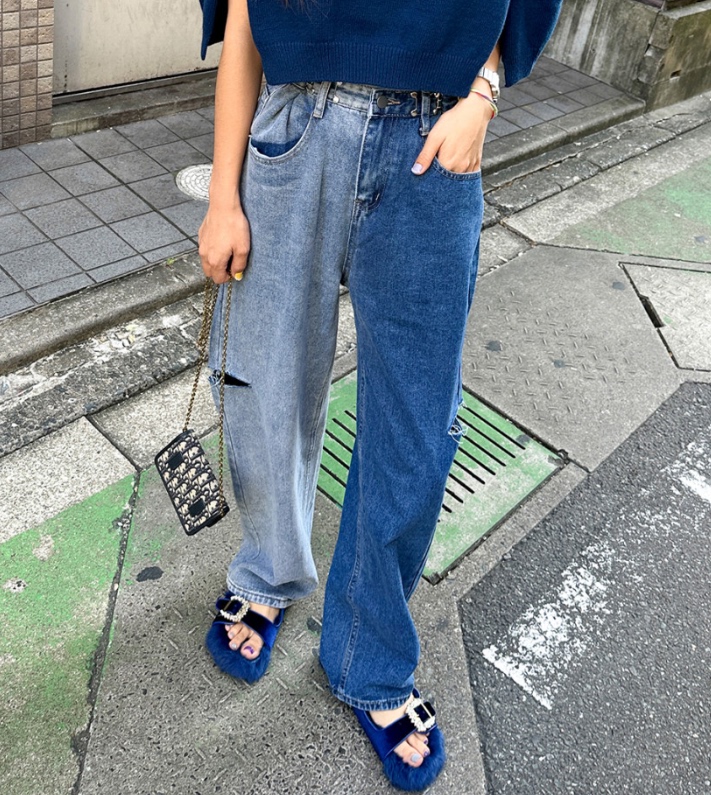 Korean Dongdaemun Asymmetric Color-Blocking Design Ripped Jeans for Women, High-Waisted, Slimming, Straight-Leg Casual Pants