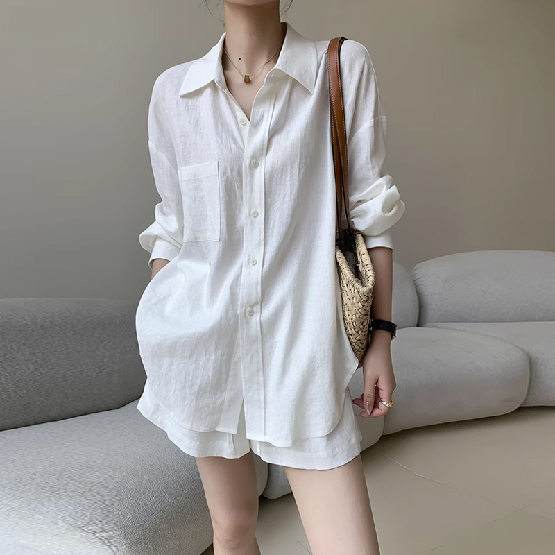 ins Old Money Style Relaxed White Long-Sleeved Shirt Sun Protection Jacket + Wide-Leg Shorts High-Fashion Two-Piece Set