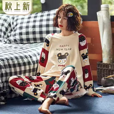 Korean version of long-sleeved pajamas female spring and autumn cotton thin cotton cotton sweet cartoon print can be worn outside home wear suit