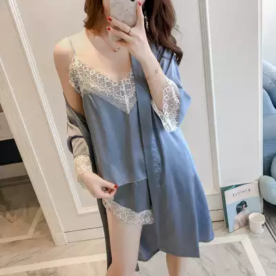 Sexy pajamas female Summer Ice Silk three-piece set thin hot provocative feminine lace sling silk robe