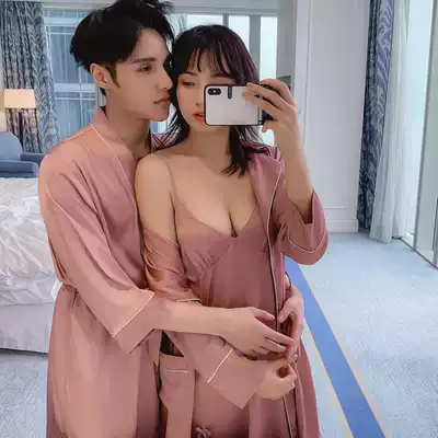 Couples pajamas women's fun tease ice thin men's large size robe suspenders two-piece spring and autumn nightgown set