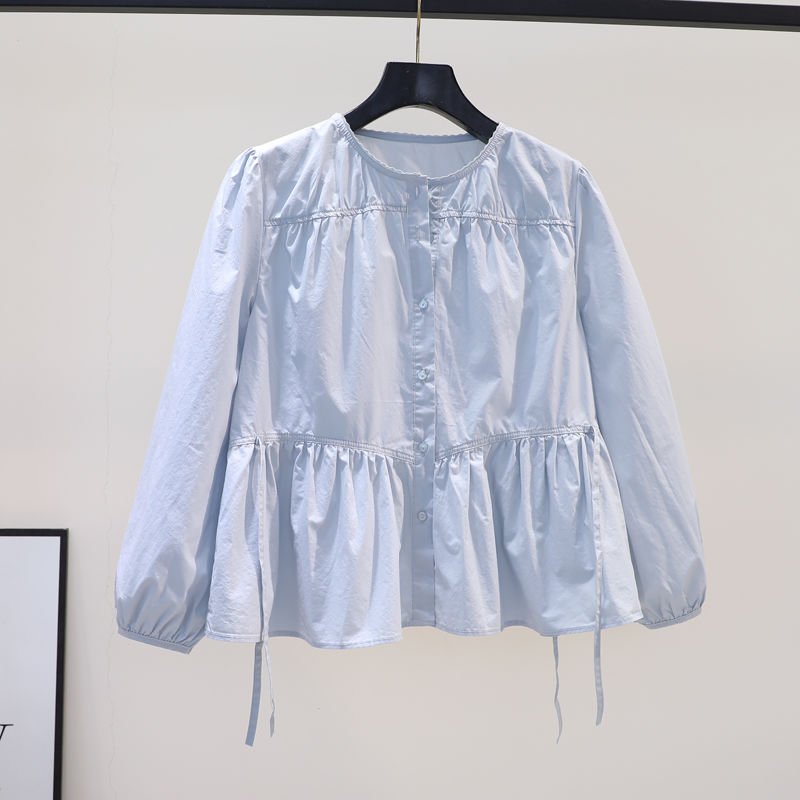 Pleated Design Light Blue Blouse for Women, Pure Cotton Babydoll Shirt, 2026 Spring and Summer New Fashion Loose Long-Sleeved Shirt